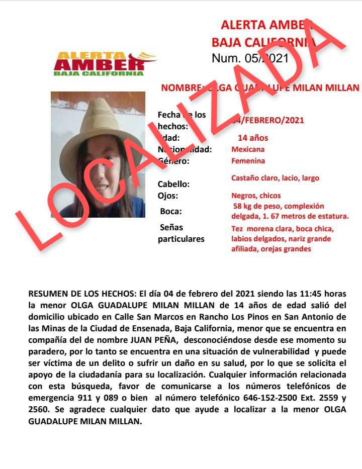LOCALIZAN A MENOR OLGA GUADALUPE; DESACTIVAN ALERTA AMBER