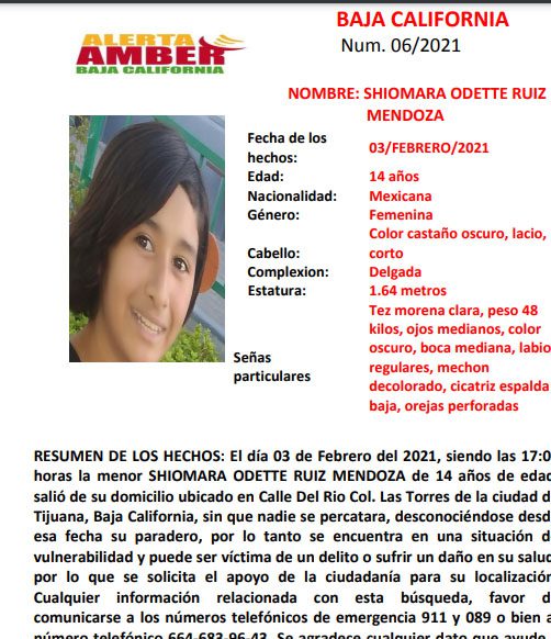 ALERTA AMBER PARA LOCALIZAR A SHIOMARA ODETTE RUIZ MENDOZA