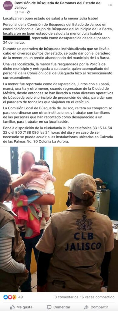 HALLAN CON VIDA A BEBé QUE VIAJABA CON FAMILIA DESAPARECIDA