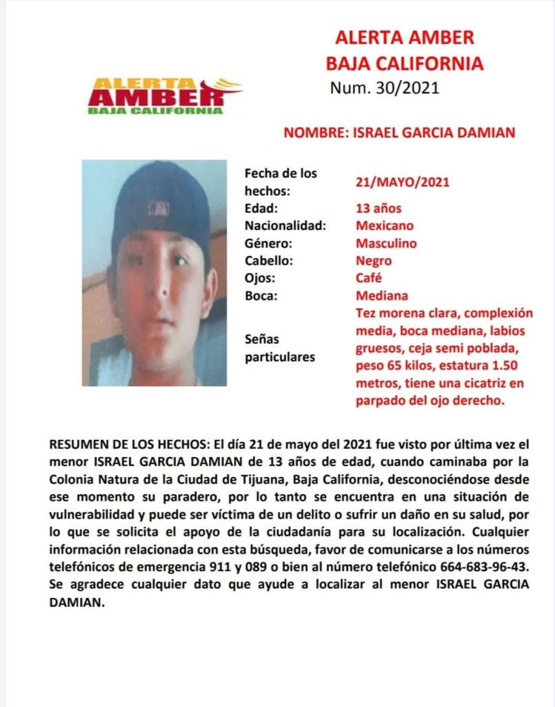 ALERTA AMBER; BUSCAN A ISRAEL GARCíA DAMIáN DE 13 AñOS