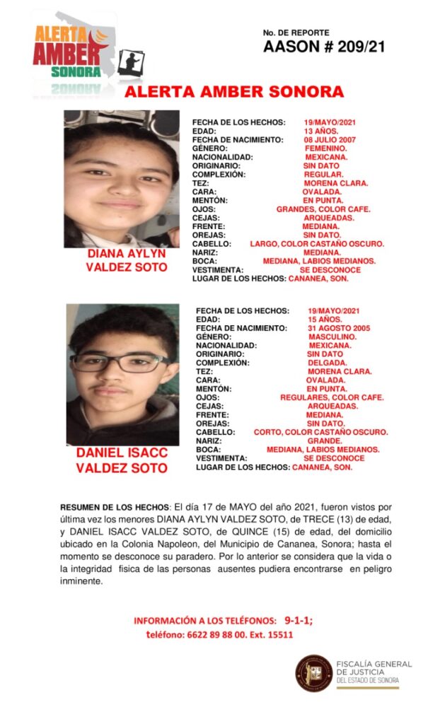 ALERTA AMBER; BUSCAN A DIANA AYLYN Y DANIEL VALDEZ SOTO