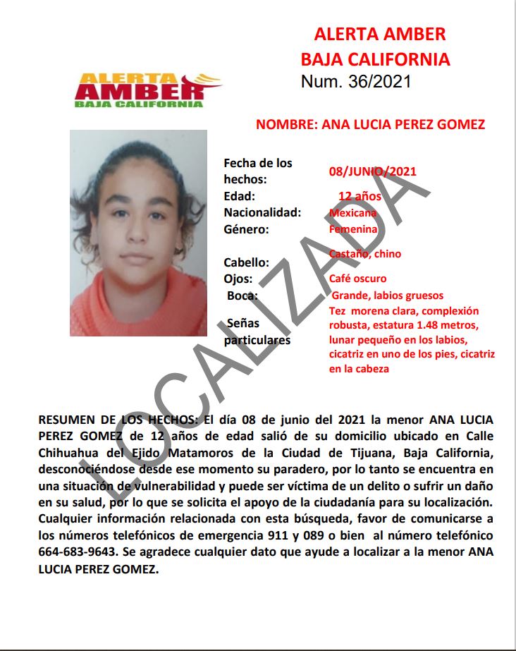 CANCELAN ALERTA AMBER; LOCALIZAN A ANA LUCIA PéREZ GóMEZ