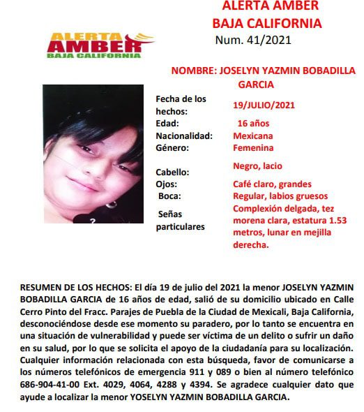 ACTIVAN ALERTA AMBER, BUSCAN A JOSELYN BOBADILLA GARCíA