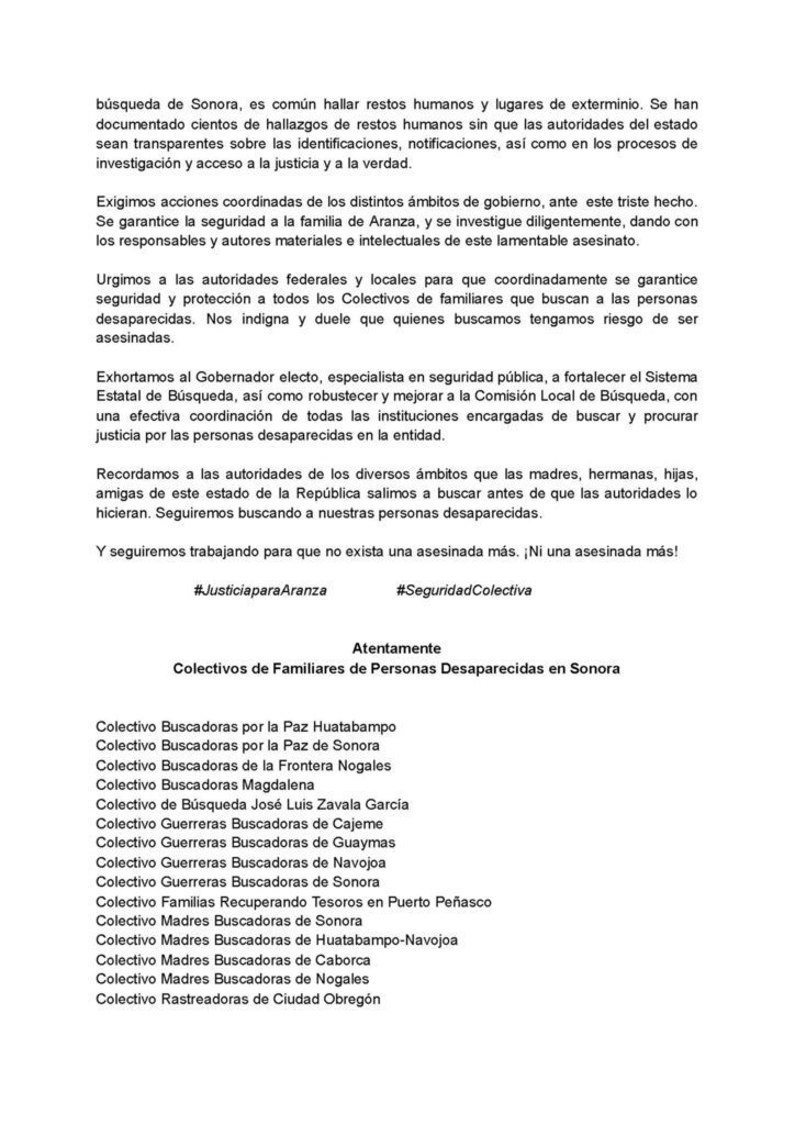 TRAS ASESINATO DE ARANZA RAMOS, COLECTIVOS EXIGEN PROTECCIóN