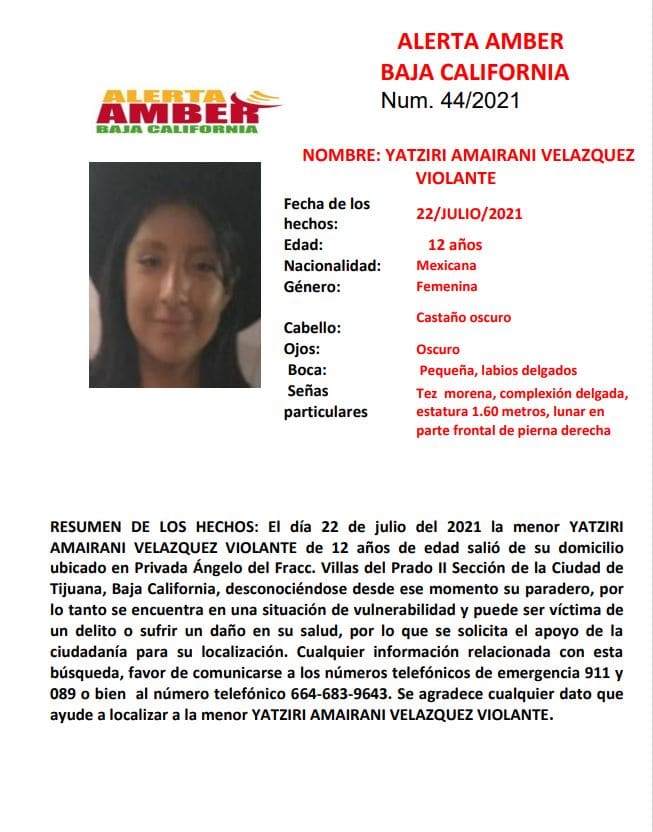 ALERTA AMBER EN BC, BUSCAN A YATZIRI VELáZQUEZ VIOLANTE ALERTA AMBER EN BC, BUSCAN A YATZIRI VELáZQUEZ VIOLANTE