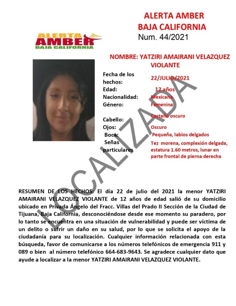 LOCALIZAN A YATZIRI AMAINARI EN TIJUANA LOCALIZAN A YATZIRI AMAINARI EN TIJUANA
