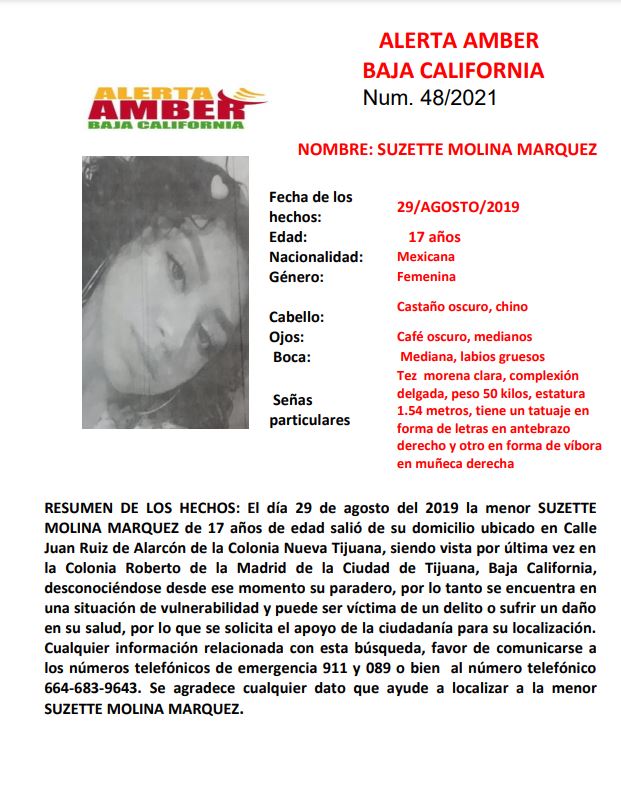 ALERTA AMBER, BUSCAN A SUZETTE MOLINA MáRQUEZ