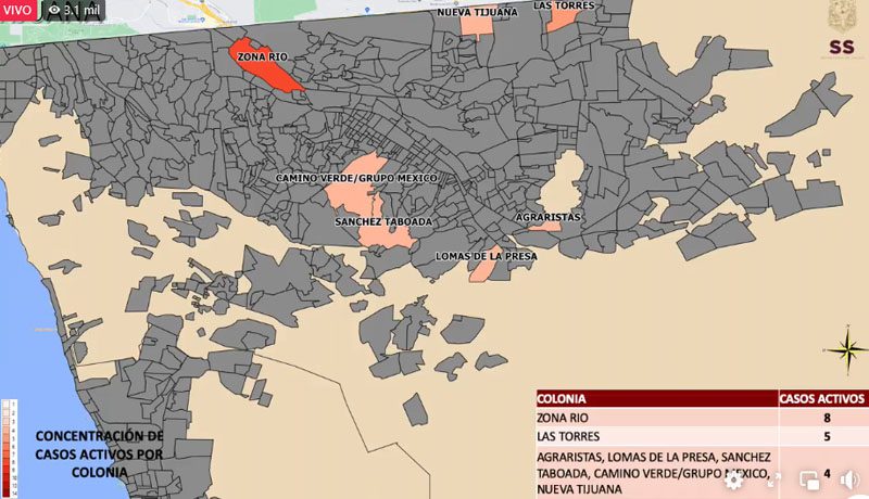 SUBEN A 8 LAS COLONIAS CON CASOS ACTIVOS DE COVID EN TIJUANA