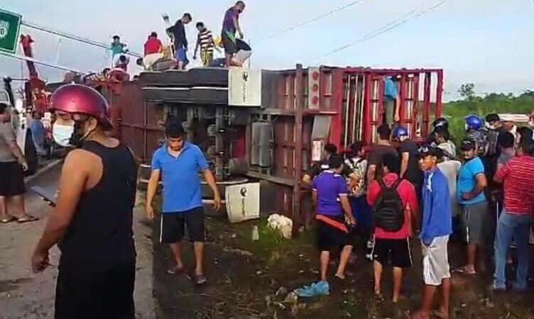 VUELCA TRáILER CON CERDOS Y POBLADORES HACEN RAPIñA