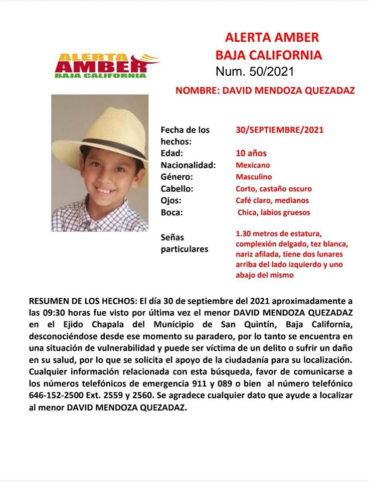ACTIVAN ALERTA AMBER POR NIñO DE 10 AñOS
