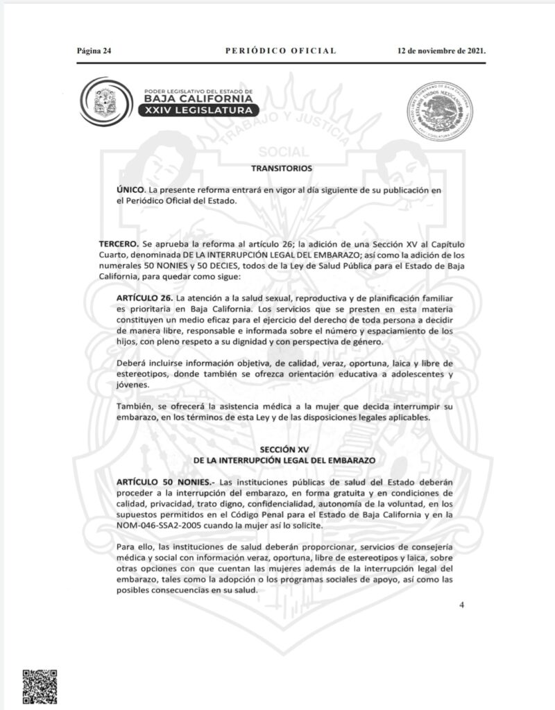 PUBLICAN REFORMAS PARA DESPENALIZACIóN DEL ABORTO EN BC