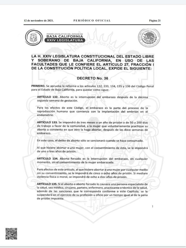 PUBLICAN REFORMAS PARA DESPENALIZACIóN DEL ABORTO EN BC
