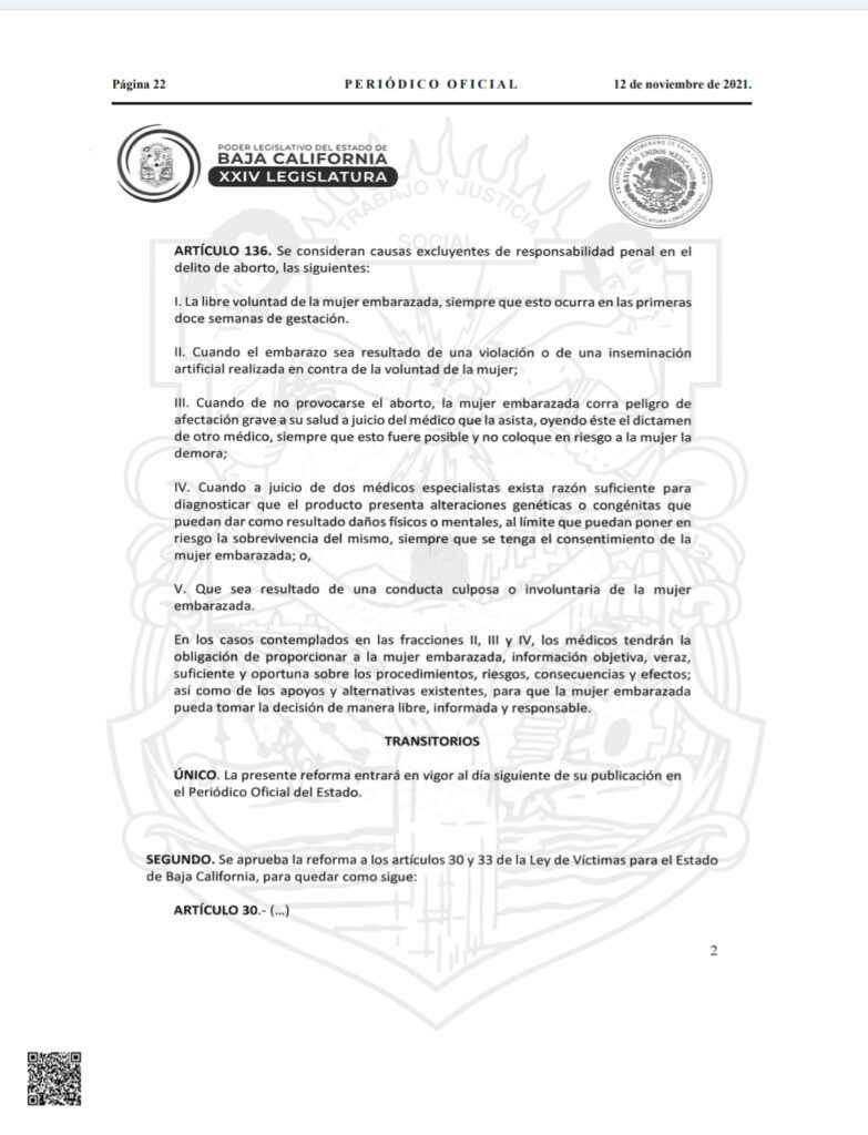PUBLICAN REFORMAS PARA DESPENALIZACIóN DEL ABORTO EN BC