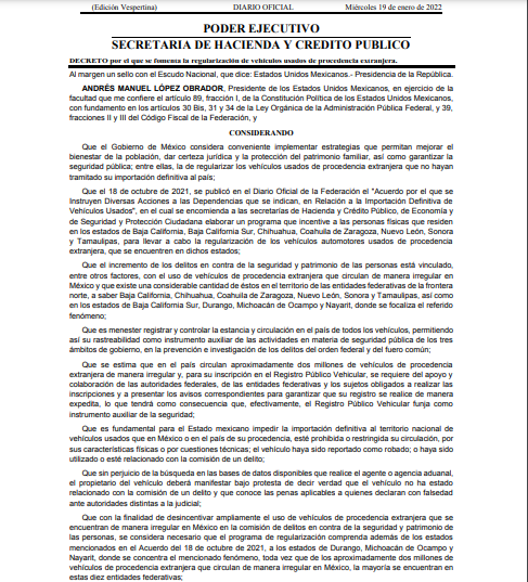 FEDERACIóN PUBLICA DECRETO PARA FOMENTAR REGULARIZACIóN DE AUTOS 'CHOCOLATE'