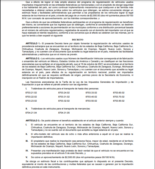 FEDERACIóN PUBLICA DECRETO PARA FOMENTAR REGULARIZACIóN DE AUTOS 'CHOCOLATE'