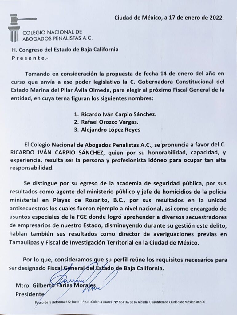 EMPRESARIOS RESPALDAN TERNA PARA FISCAL DE BAJA CALIFORNIA