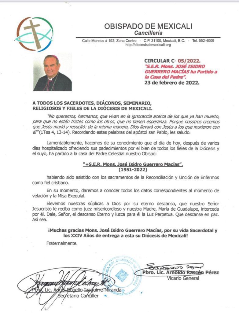 MUERE EL OBISPO JOSé ISIDRO GUERRERO
