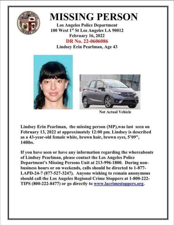 ENCUENTRA MUERTA A ACTRIZ LINDSEY PEARLMAN TRAS CINCO DíAS DESAPARECIDA ENCUENTRA MUERTA A ACTRIZ LINDSEY PEARLMAN TRAS CINCO DíAS DESAPARECIDA