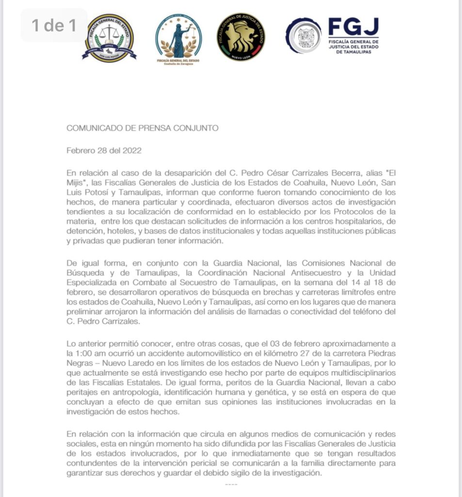 INVESTIGAN ACCIDENTE PARA VER RELACIóN CON DESAPARICIóN DE EL MIJIS