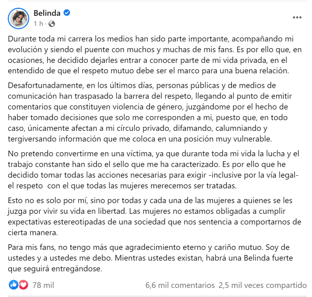 BELINDA AMENAZA CON TOMAR ACCIONES LEGALES POR VIOLENCIA DE GéNERO
