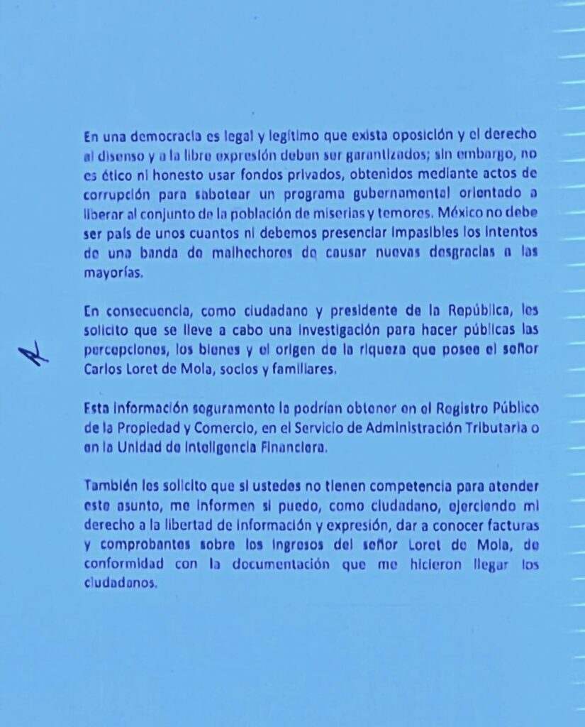 AMLO MANDA CARTA AL INAI PARA CONOCER SUELDO DE LORET DE MOLA