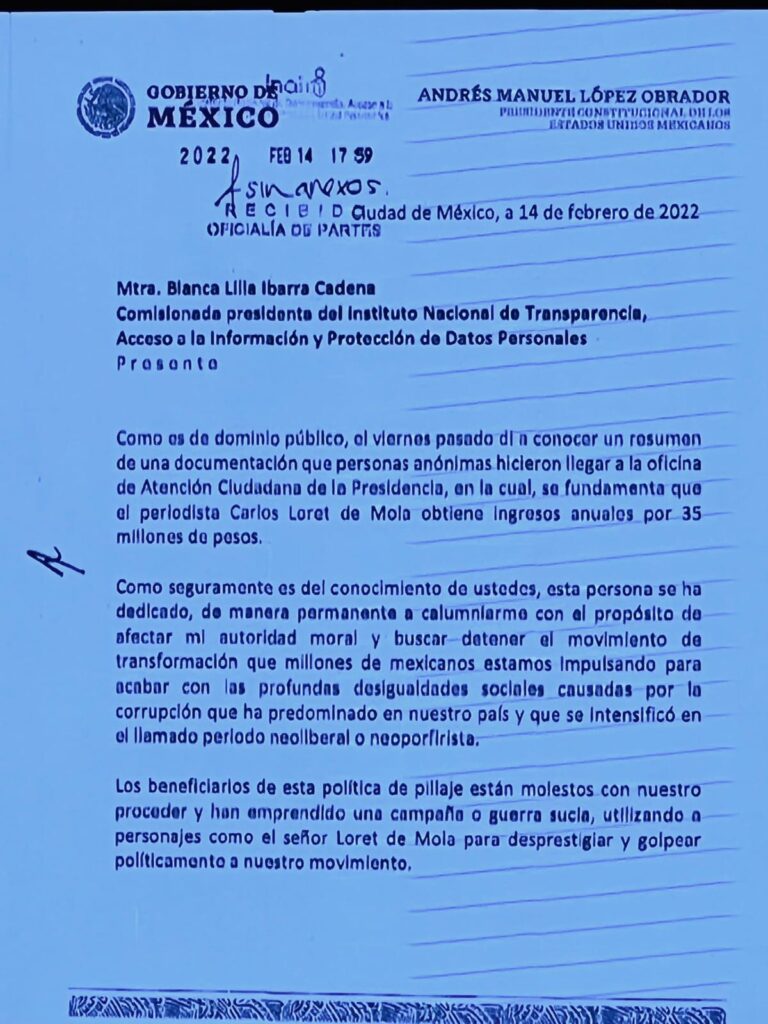 AMLO MANDA CARTA AL INAI PARA CONOCER SUELDO DE LORET DE MOLA