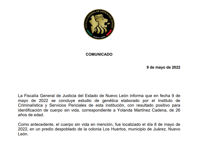 FISCALíA CONFIRMA QUE FUE LOCALIZADO EL CADáVER DE YOLANDA FISCALíA CONFIRMA QUE FUE LOCALIZADO EL CADáVER DE YOLANDA