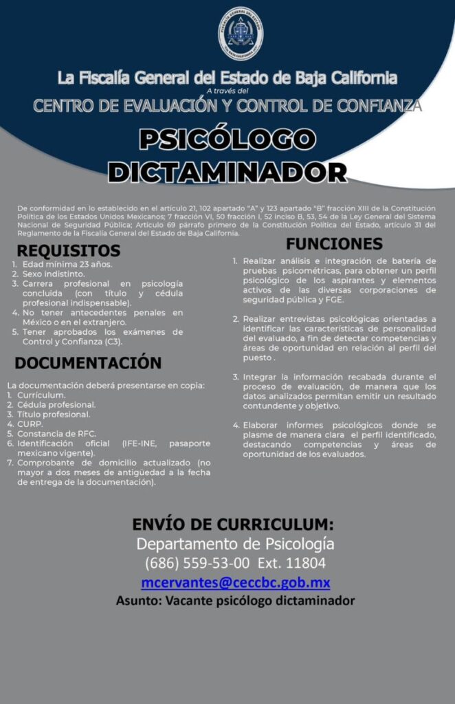 Fiscalía de BC lanza convocatoria para el Centro de Evaluación Control y Confianza