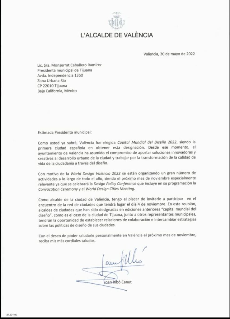 Invitan a Tijuana a encuentro de ciudades designadas Capital Mundial del Diseño en Valencia