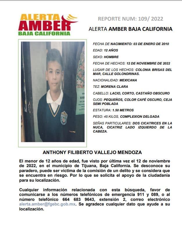 Activan Alerta Amber por el niño Anthony Filiberto Vallejo Activan Alerta Amber por el niño Anthony Filiberto Vallejo