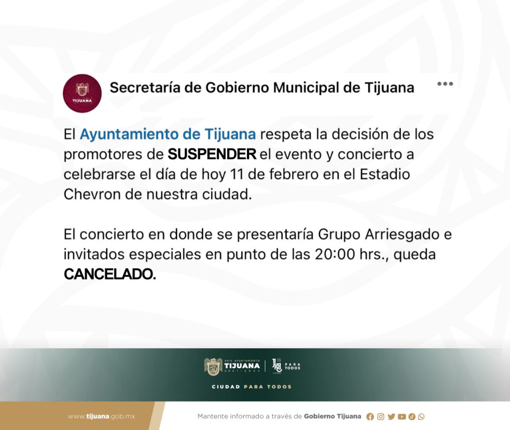 Tras amenazas y balazos cancelan concierto de grupo Arriesgado en Tijuana