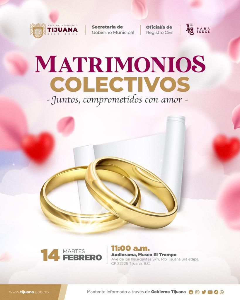 Registro civil de Tijuana amplía plazo para entrega de documentos para matrimonios colectivos