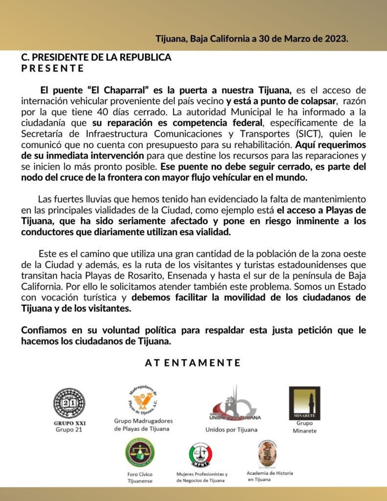 Grupo Minarete pide intervención a AMLO para reparaciones en El Chaparral y Playas Grupo Minarete pide intervención a AMLO para reparaciones en El Chaparral y Playas