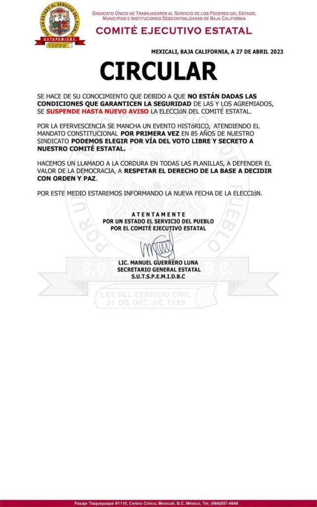 Cancelan elecciones estatales del Sindicato de Burócratas