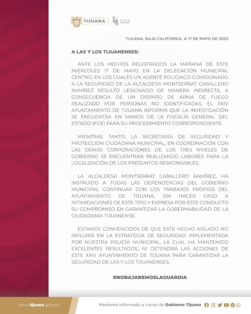 FGE confirma ataque contra escolta de la alcaldesa de Tijuana FGE confirma ataque contra escolta de la alcaldesa de Tijuana
