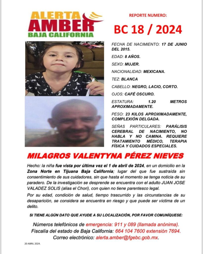 Milagros está desaparecida, la sustrajo un extraño