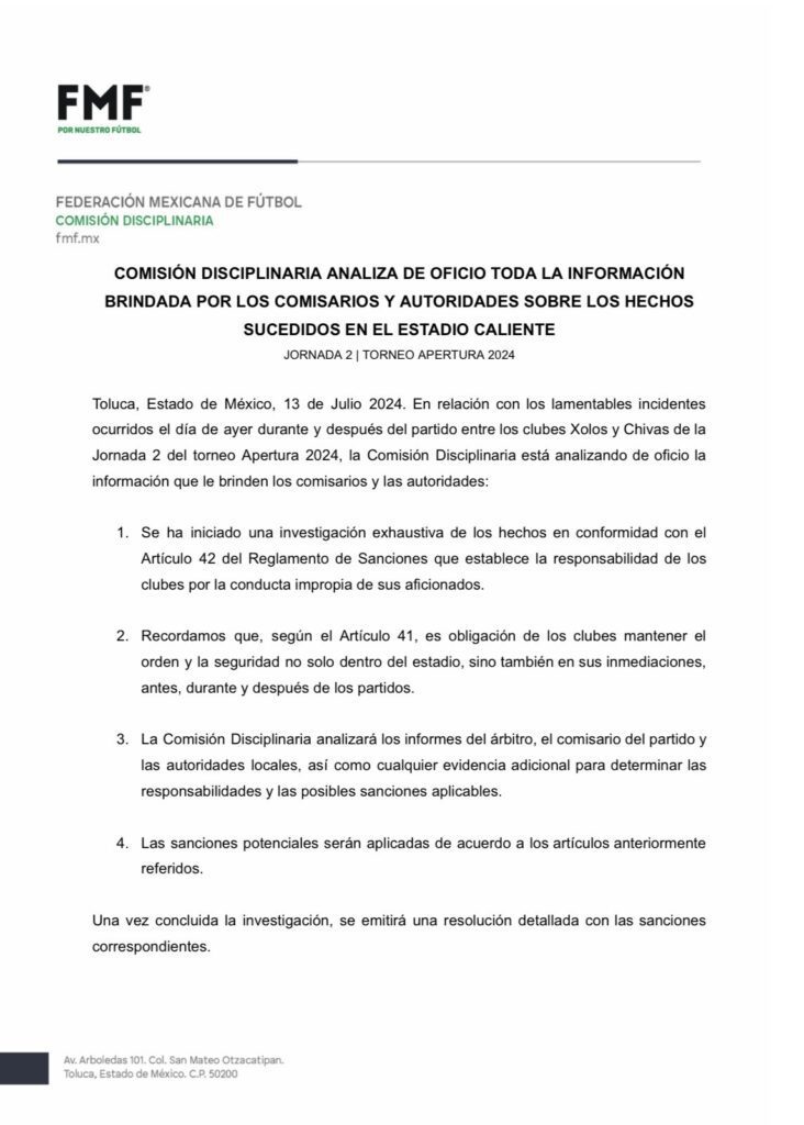 La Federación Mexicana de Futbol Investiga Incidente en el Partido entre Xolos y Chivas