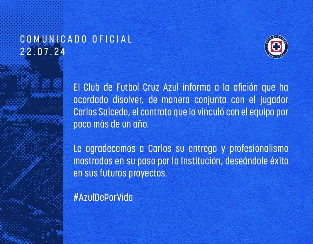Carlos Salcedo queda fuera del Cruz Azul