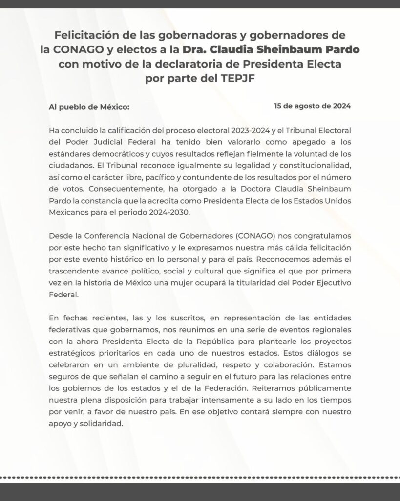 Felicitan Gobernadoras y Gobernadores constitucionales y electos de Conago a Presidenta Sheinbaum