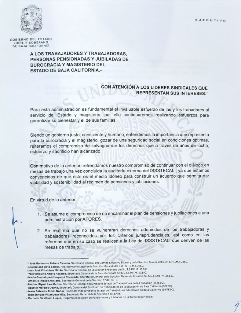 Gobernadora Marina del Pilar refrenda respeto a los derechos de la base trabajadora con firma de compromiso para el rescate del Issstecali