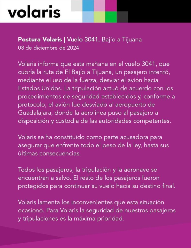 Pasajero intentó desviar a Estados Unidos avión de Volaris con destino a Tijuana