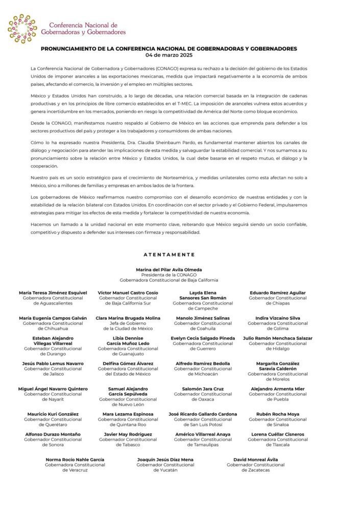 CONAGO reafirma su respaldo a la presidenta Sheinbaum y rechaza aranceles impuestos por EE.UU.
