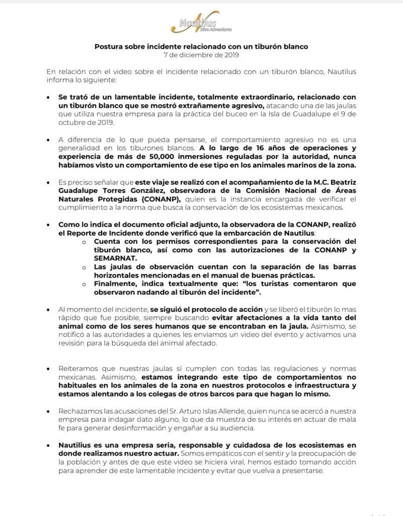 Nautilus Liveaboards responde a incidente con tiburón blanco en la Isla Guadalupe