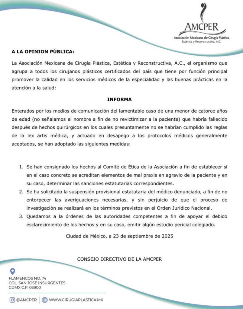 Suspenden a Médico que realizó cirugía plástica a adolescente de 14 años y falleció tras el procedimiento