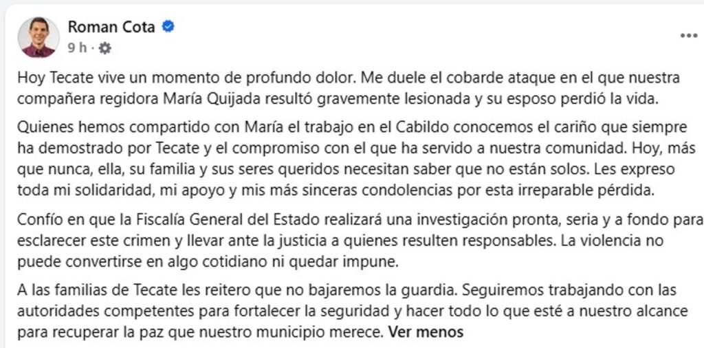 Román Cota condena atentado contra regidora de Tecate y exige investigación a fondo a la FGE